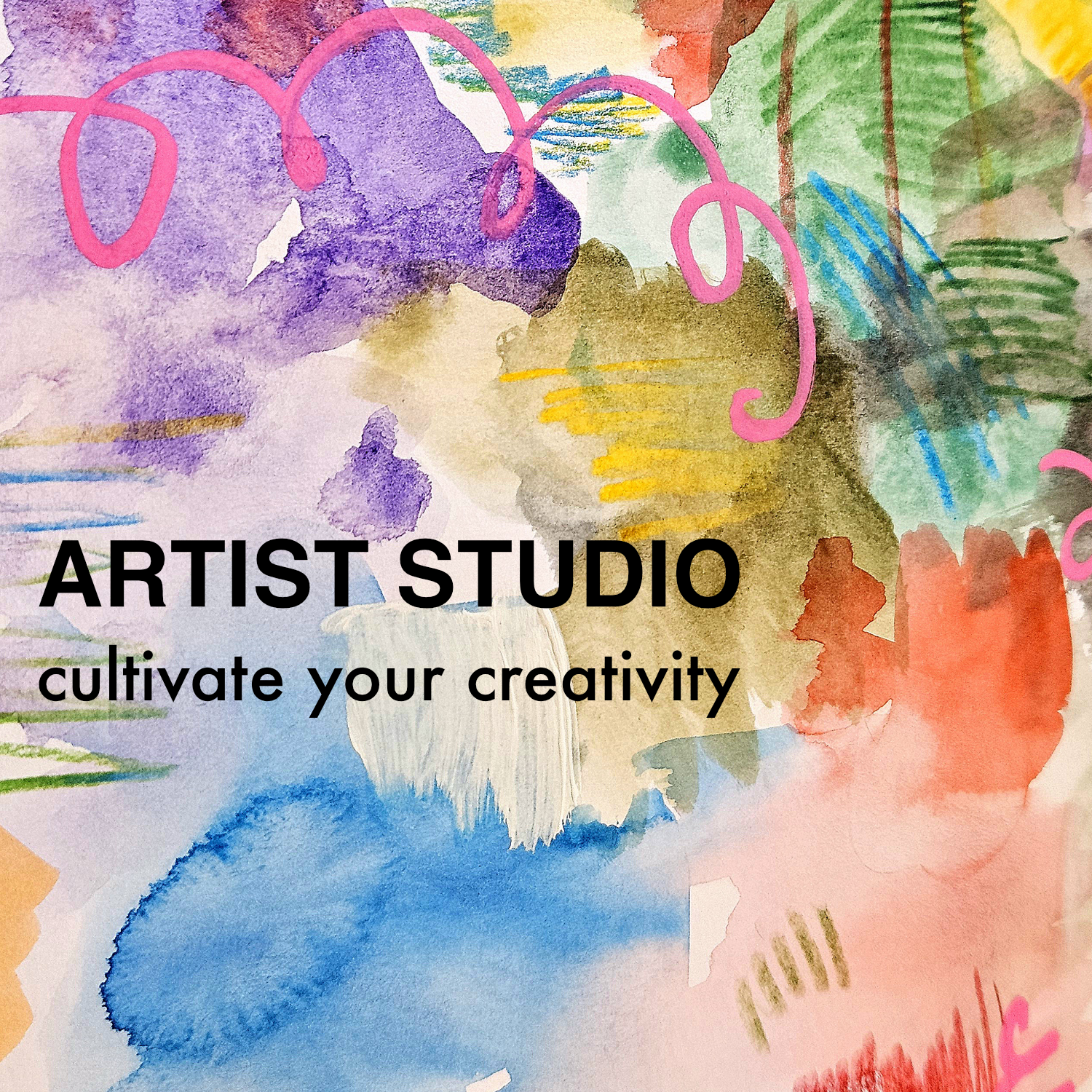 Colorful abstract art with 'Artist Studio' text encouraging creativity.