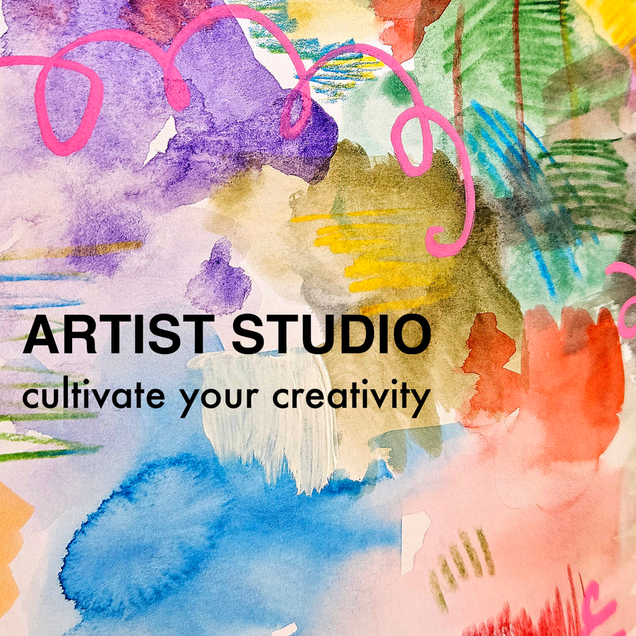 Colorful abstract art with 'Artist Studio' text encouraging creativity.