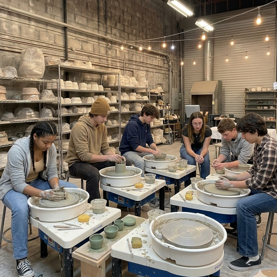 teens taking a lesson on a wheel throwing  at Echo Art Studio in West Los Angeles